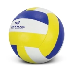 A volleyball featuring blue, yellow, and white panels, with a logo on the surface.