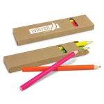 A pencil pack contains four highlighter pencils in pink, orange, yellow, and green, inside a brown cardboard box with a logo.