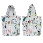 A kids hooded towel featuring playful animal and nature designs in pastel colours. It includes a logo.