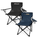 Two folding chairs are displayed: one in black with a logo and another in navy blue with branding. Each features cup holders.