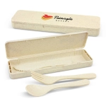 A cutlery set in a beige case, featuring a spoon, fork, and knife. The case has a logo.