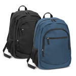 A black and a blue backpack, featuring multiple zippered pockets and side mesh compartments. Both have branding.