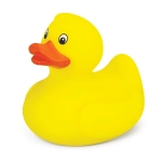 A yellow rubber duck with a bright orange beak and cartoonish eyes, featuring a simple design.
