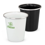 A drink bottle set featuring a white enamel tumbler with a green logo and a black enamel tumbler, both with silver rims.