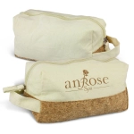 A toiletry bag in cream with a cork base, featuring a logo on the front and a zip closure.
