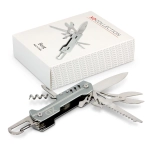 A multi-tool in silver with various tools, including blades and a corkscrew, displayed alongside its packaging.