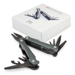 A multi-tool in grey, featuring various tools and a box with a logo.