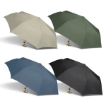 A compact umbrella available in beige, green, blue, and black, featuring a small branding logo.