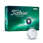 A white Titleist AVX golf ball next to its green and blue packaging featuring a logo.