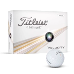 A white Titleist Velocity golf ball beside a box featuring a sleek design and brand logo.