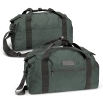 A dark green duffle bag with a shoulder strap and a front zipper pocket, featuring a logo.
