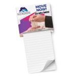 A magnetic memo pad featuring a white lined notepad with a colourful branded top.