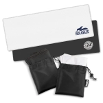 Two RPET cooling towels in black and white, each in a black drawstring pouch, featuring various logos.