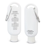 A white 50ml sunscreen bottle featuring a carabiner, with a label listing ingredients and instructions.