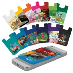 A range of colourful dual silicone phone wallets displayed with a smartphone, featuring various designs and a logo.