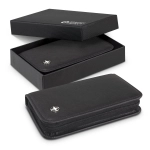 A black manicure set with a zip closure in a black presentation box. The set includes various grooming tools.