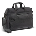 A grey laptop bag with multiple compartments, featuring a shoulder strap and handle, along with a logo.