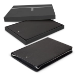 A black A4 portfolio with a zipper, presented in an elegant black box. It features a subtle logo.