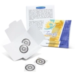 A box containing Sunburn Alert Stickers in black and white, with a logo, set against a light background.