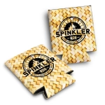 A drink bottle cooler featuring a woven pattern in beige and black, with a logo prominently displayed.
