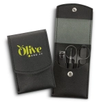 A black faux leather manicure set with tools including scissors, nail clippers, and a file, featuring a logo on the case.