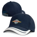 A navy blue cap with a white peak and an embroidered logo on the front, featuring a curved brim and adjustable strap.