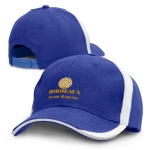 A blue and white cap featuring a logo and text on the front. The hat has a curved brim and adjustable strap.