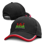 A black cap with a red and white brim, featuring a logo on the front and an adjustable strap at the back.