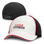 A cap featuring a white front panel, black sides, red accents, and a logo on the front.