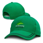 A green cap featuring a logo, with a curved peak and adjustable strap at the back.