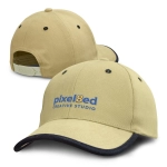 A beige cap with a dark navy peak and branding on the front and back. It has an adjustable strap.