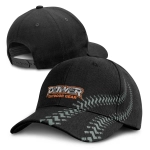 A black cap featuring a logo and a textured design on the front and side, with an adjustable back.