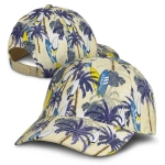 A cap featuring a vibrant palm tree and surfboard design in cream, purple, and blue shades, with an adjustable strap.