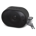A black outdoor Bluetooth speaker with a mesh front and a patterned strap. It features control buttons on top.