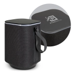 A cylindrical black Bluetooth speaker with a textured surface and a carrying strap. It features a logo on the top.