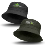 An oilskin bucket hat in black and green, featuring logos on both sides.