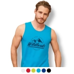 A blue men's tank top with a logo, featuring a sleeveless design and a crew neckline.