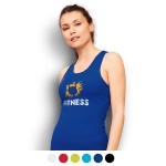 A blue sporty women's tank top featuring a logo and available in multiple colours.