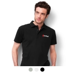 A black men's polo shirt featuring a logo on the chest, available in multiple colours.