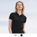 A black women's polo shirt with a collared neckline and short sleeves. The image features a model outdoors.