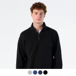 A unisex black sweatshirt featuring a quarter zip, displayed on a model with curly hair. It has a logo on the chest.