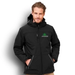 A black men's softshell jacket with a zip front and hood, featuring a logo on the chest and contrasting zippers.