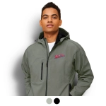 A men's softshell jacket in olive green with a hood and a logo on the chest. Features zippered pockets.
