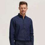 A men's button-up shirt in a dark denim fabric, featuring a collar and a chest pocket.