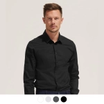 A men's long sleeve button-up shirt in black, featuring a collar and a front button closure, with a branding logo.
