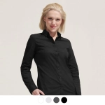 A women's long sleeve button-up shirt in black with a collar and a fitted design. It features a logo on the fabric.