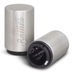 A drink bottle opener with a sleek silver design, featuring a black base and a logo on the side.