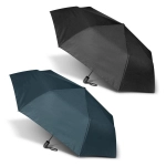 A promotional umbrella featuring a dark green and a black canopy, with a branded handle.