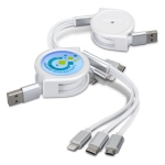 A retractable white charging cable featuring multiple connectors and a logo on the body.