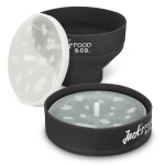 A black silicone microwave popcorn popper with a transparent lid, featuring a logo.